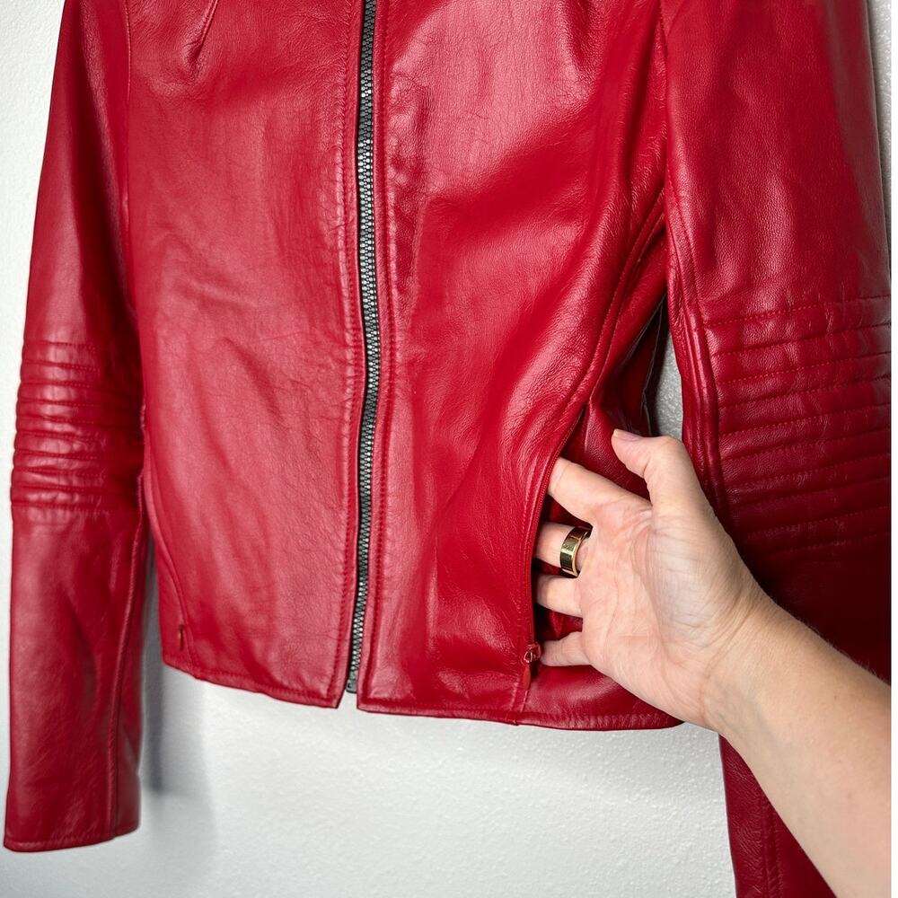 William B Cherry Red 100% Leather Moto Jacket Front Zip Silk Lining S - Picture 4 of 14
